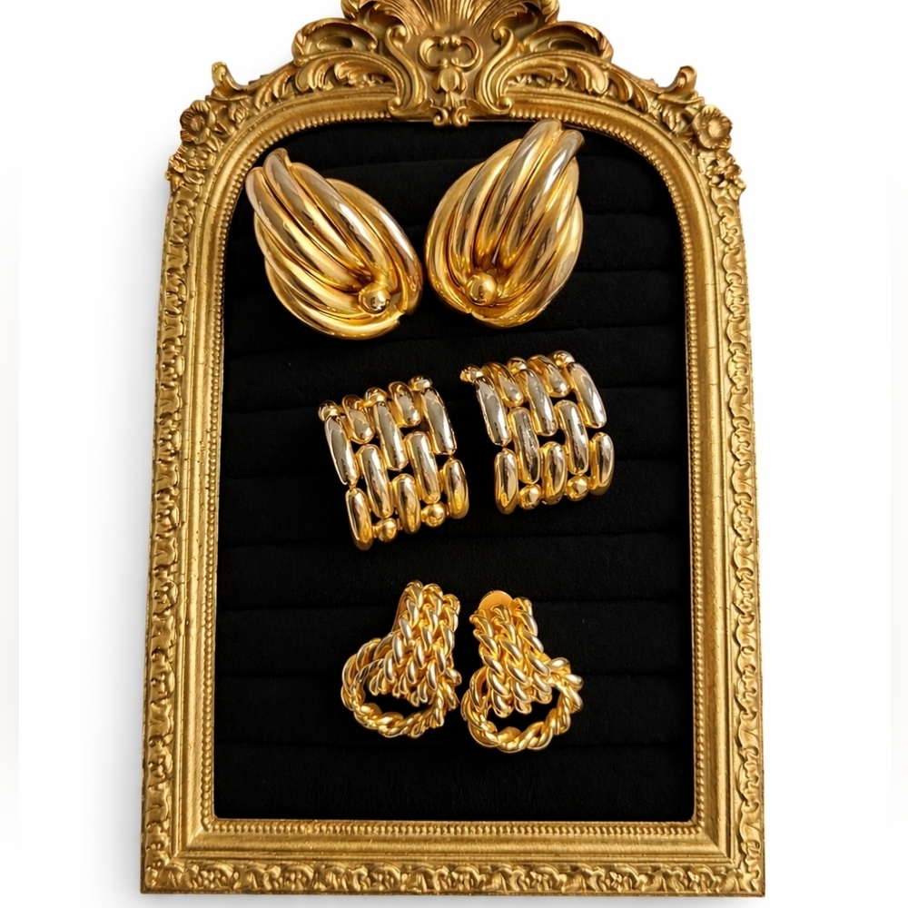 Vintage Gold Tone Clip-On Earrings Lot of 3 | 80s Designer Style